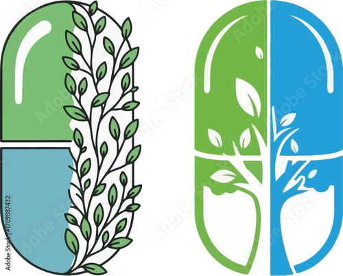Natural Health and Wellness Capsule Logos with Green Plant and Tree Elements