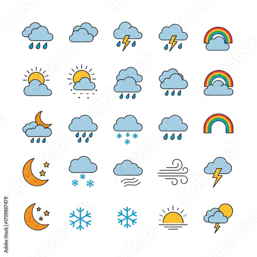 Colorful Flat Design Weather Forecast Vector Icons Set. Sun, Rain, Snow, Cloud, Lightning, Wind, Rainbow, Moon Symbol Pack.