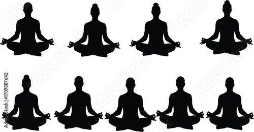 Meditation silhouette sequence, yoga lotus pose illustration, mindfulness practice design, spiritual wellness concept, inner peace relaxation reference, mental health balance art