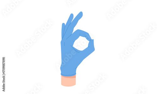 Hand with Blue Glove Showing Okay Sign on White Background