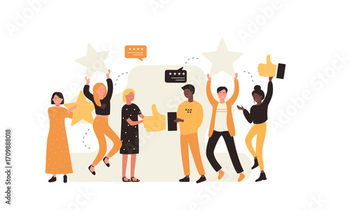 Joyful diverse team celebrating success, excellent feedback, and top ratings, illustrating a positive customer experience and social media achievement