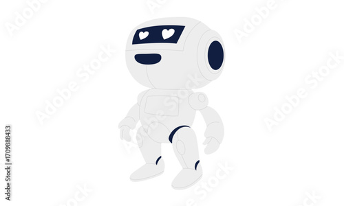 A cute, friendly white cartoon robot with glowing heart-shaped eyes isolated on a white background.