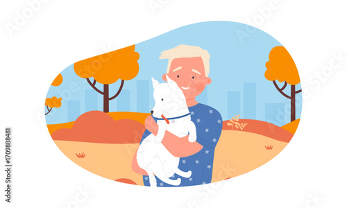 A happy man holding a white dog in an autumn park with a city skyline in the background.