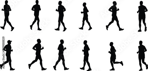 Running motion silhouette sequence, athlete jogging stride cycle, sports biomechanics illustration, human movement study, fitness training concept, animation reference design
