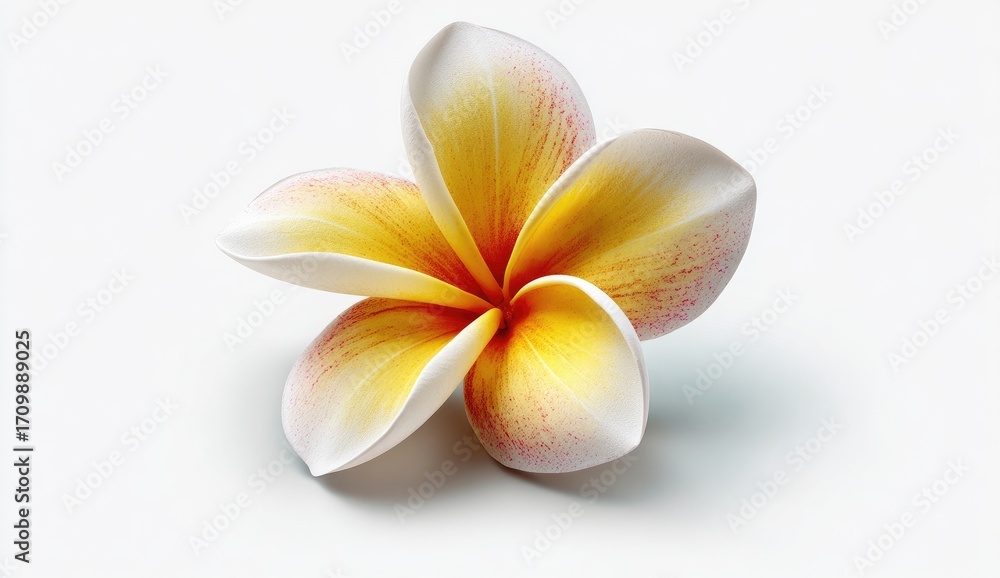 Fototapeta premium Single plumeria blossom, vibrant yellow-orange center, soft white edges, delicate petals, against a plain white background
