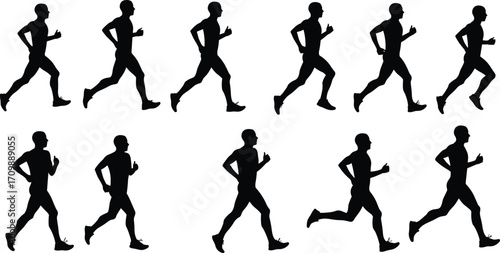 Running stride silhouette sequence, athlete jogging motion cycle, sports biomechanics stages, human locomotion study, fitness training reference, animation running movement illustration