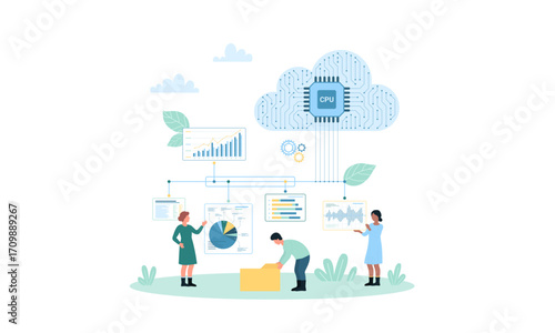 Illustration of cloud computing, data analysis, and teamwork, depicting technology and business.