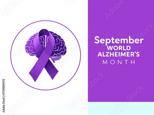 Flat vector design of a purple brain with awareness ribbon and text September World Alzheimer’s Month, perfect for health, medical, and Alzheimer awareness campaigns