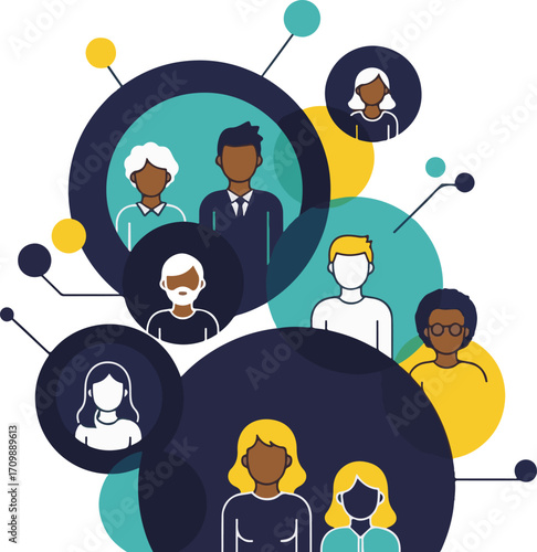 Diverse Group of People Icons within an Interconnected Network Illustration