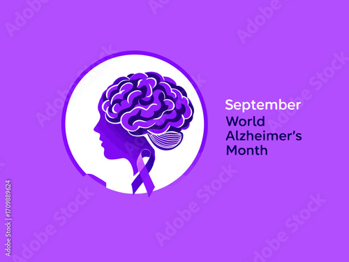 Flat vector design of a purple brain with awareness ribbon and text September World Alzheimer’s Month, perfect for health, medical, and Alzheimer awareness campaigns