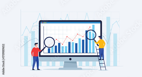 Tiny analysts examine digital financial growth charts on computer screen magnifying data insights