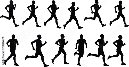 Running stride silhouette sequence, athlete jogging motion cycle, sports biomechanics study, human locomotion illustration, fitness training reference, animation movement design