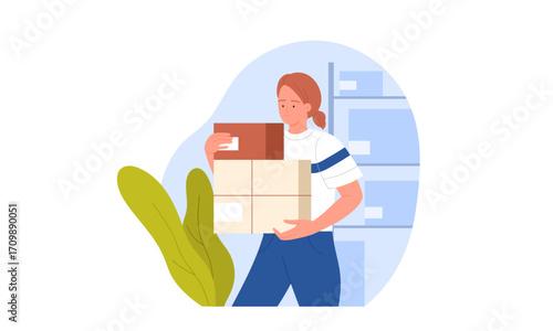 A person carrying cardboard boxes in a warehouse setting.