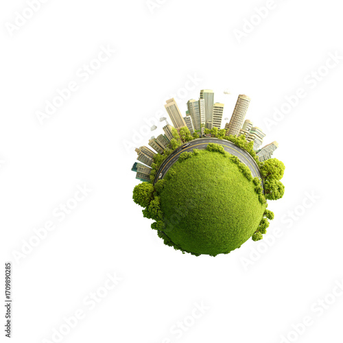 Fototapeta Naklejka Na Ścianę i Meble -  A small green planet with buildings and trees around it with a road in a black background view