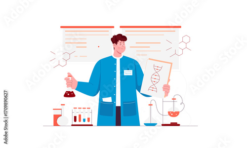 Scientist in a lab coat holding a flask and a DNA strand diagram, conducting research.