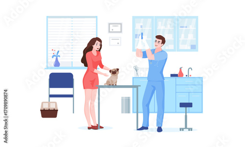 A veterinarian giving a dog a shot while the owner is present in the clinic.