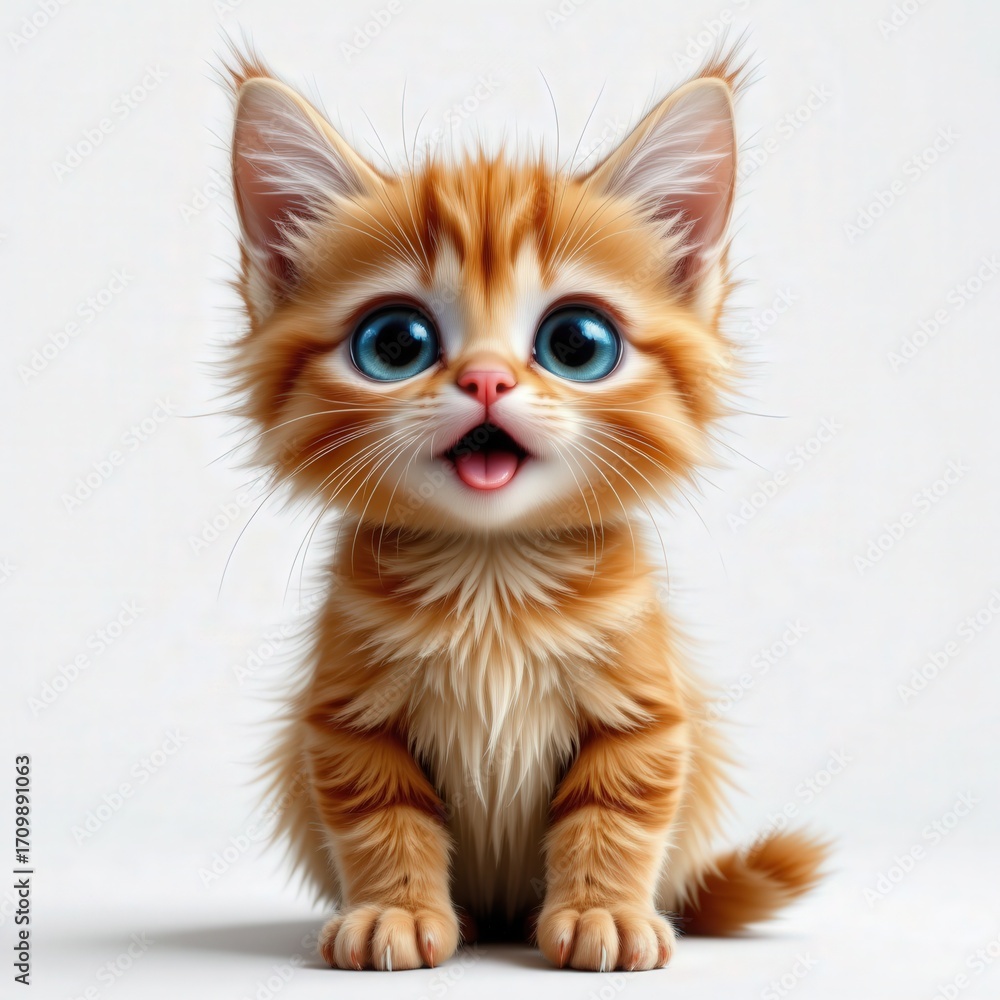 Obraz premium Adorable Fluffy Cartoon Orange Kitten with Big Blue Eyes Smiling