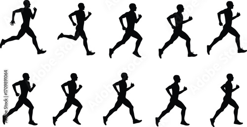 Running stride silhouette sequence, athlete jogging motion stages, sports biomechanics cycle, human locomotion study, fitness training reference, animation running movement illustration