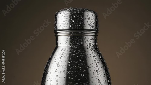 Close up of a water bottle with condensation on it.