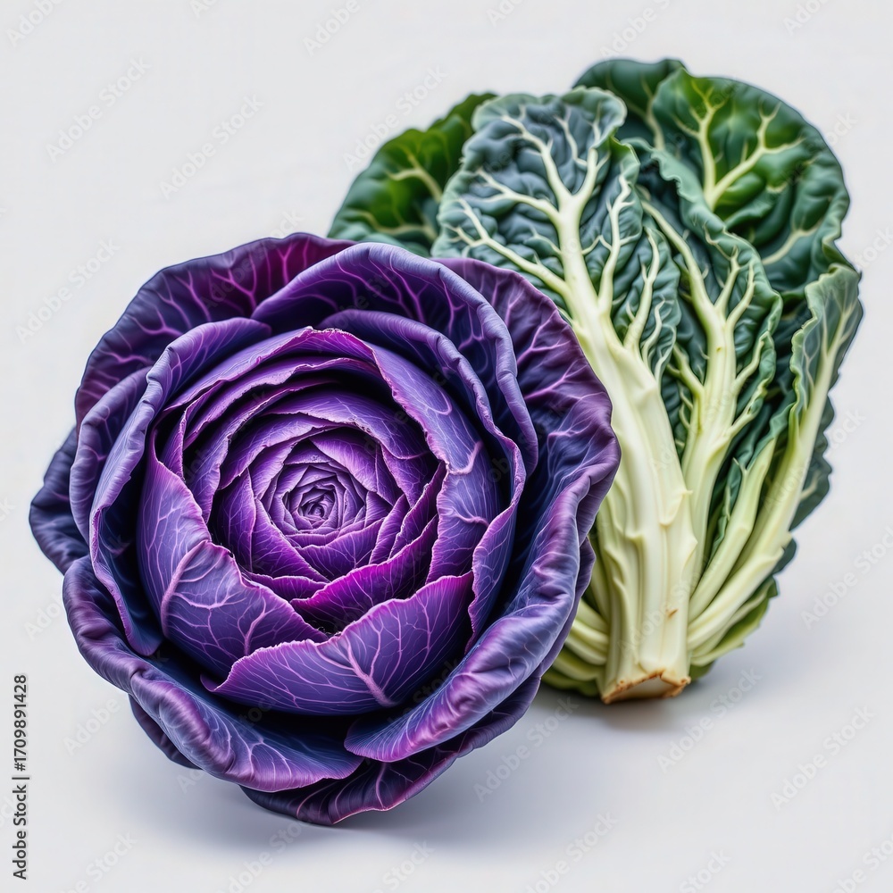 Obraz premium Fresh Purple Cabbage and Green Savoy Cabbage on Light Background