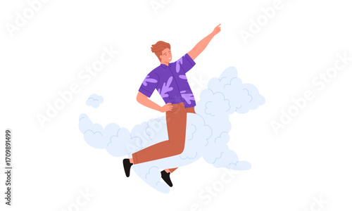A man joyfully riding a cloud-like creature, a whimsical illustration.