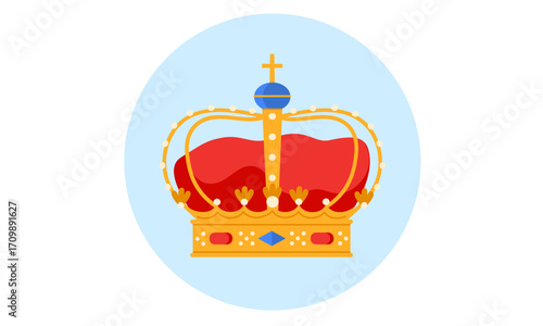 A stylized illustration of a golden royal crown with red velvet and a blue orb, set against a light blue circular background.