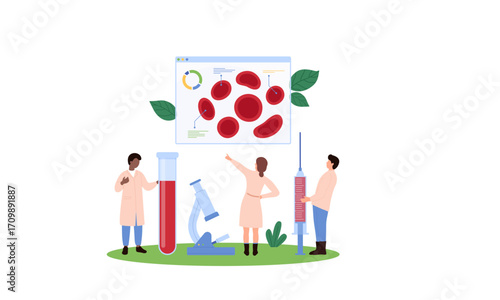 Illustration of medical professionals analyzing blood samples with microscope and syringe.
