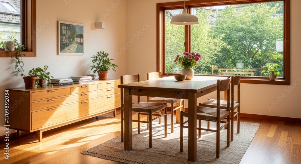 Fototapeta premium Serene Mid-Century Dining Room Bathed in Warm Sunlight from a Large Garden Window.