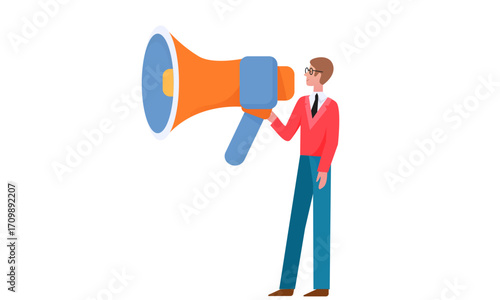A businessman in a red sweater and tie holds a large orange megaphone to make an announcement.