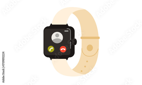 A modern smartwatch with a call interface displayed on its screen, featuring answer and decline buttons.