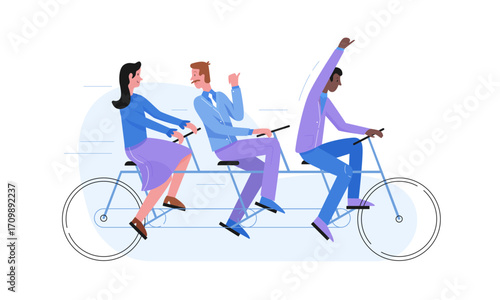 Three diverse people collaboratively riding a tandem bicycle, symbolizing teamwork, shared effort, and collective success.