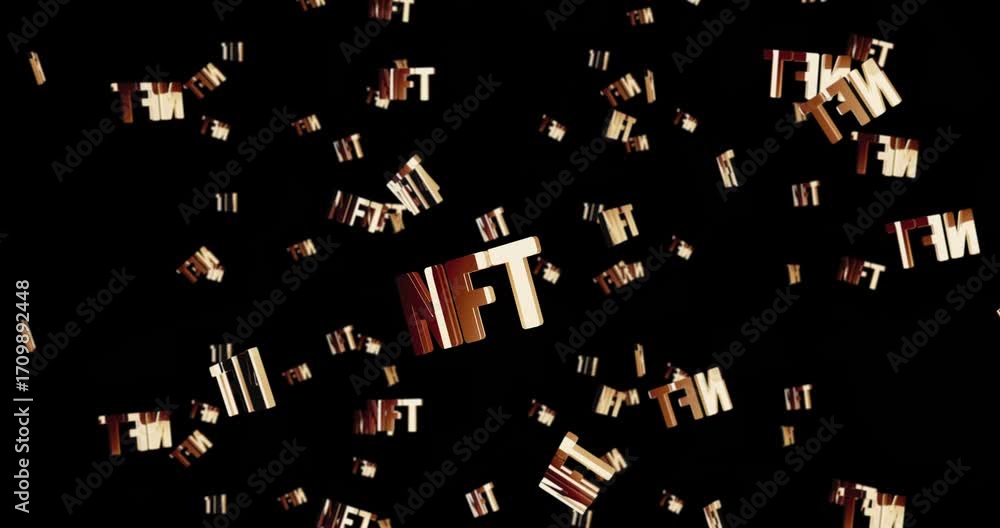 Non-fungible token business symbol rain fall loop. Abstract 3d golden metal rotated icon seamless and loopable falling animation.