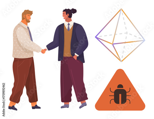 Two colleagues shaking hands, geometric 3D shape, and bug warning sign. Ideal for teamwork, partnerships, problem-solving, innovation, risk management software development and IT strategies. Simple