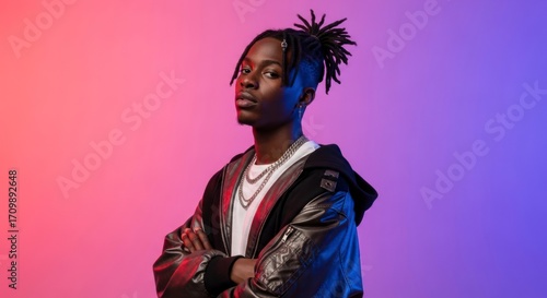Confident Young Man with Dreadlocks in Stylish Jacket Under Vibrant Pink and Blue Light.