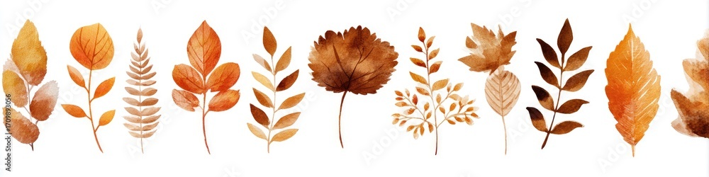 Fototapeta premium Watercolor autumn leaves and branches in warm, muted golds and browns
