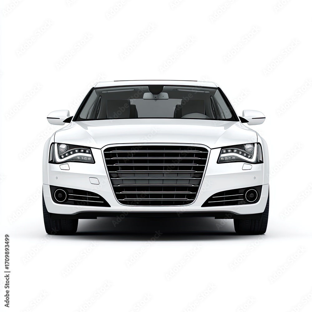 Naklejka premium Front view of a white sedan. Glossy white car, straight-on, modern design, front grille, sporty appearance, sedan body style, isolated background