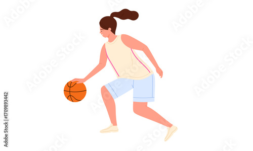 Woman dribbling a basketball, dynamic pose.