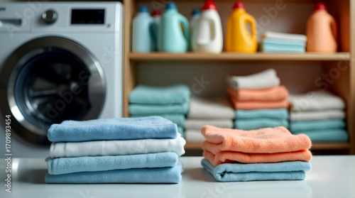 Laundry room interior with two stacks of folded towels on a white table and a washing machine in the background. Concept: Home care and cleanliness in everyday life.