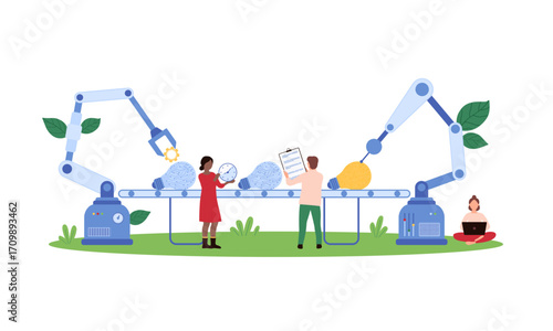 Collaborative innovation concept with people and robotic arms on a factory conveyor belt developing sustainable technology ideas represented by light bulbs with leaves.