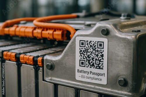 A battery unit with a QR-labeled digital passport for EU compliance, showing advanced traceability in energy storage systems.