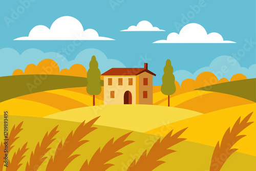 Autumn landscape with a farmhouse and rolling hills