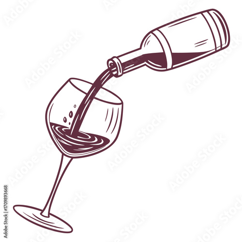 A bottle of red wine is tilted, its liquid pouring into a wineglass on a white background