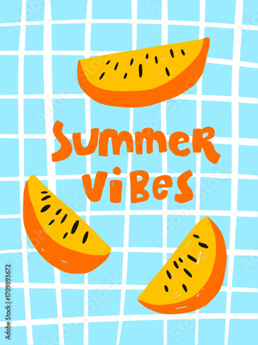 Bright orange fruit slices are arranged on a light blue grid background, creating a playful and cheerful atmosphere that represents the joyful essence of summer vibes.