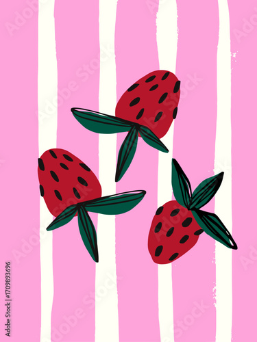 Three vibrant strawberries with green leaves against a soft pink and white striped backdrop. Design combines whimsy and freshness.