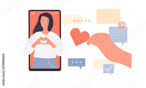 A woman on a phone receiving a digital heart from a hand, symbolizing online connection and affection.