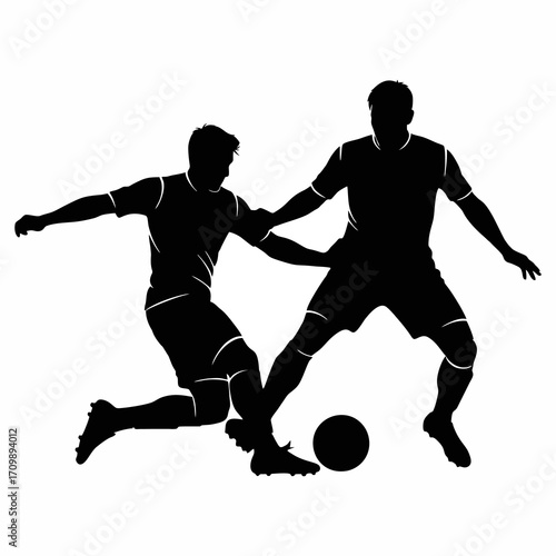 silhouette of two soccer players fighting for the ball