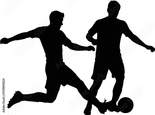 silhouette of two soccer players fighting for the ball