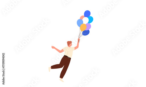 A person is lifted into the air by a bunch of colorful balloons, appearing to float joyfully.