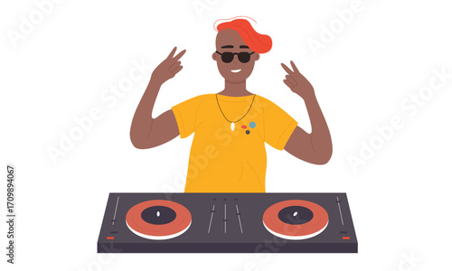 A smiling DJ with orange hair and sunglasses, making a peace sign, at a mixing console.