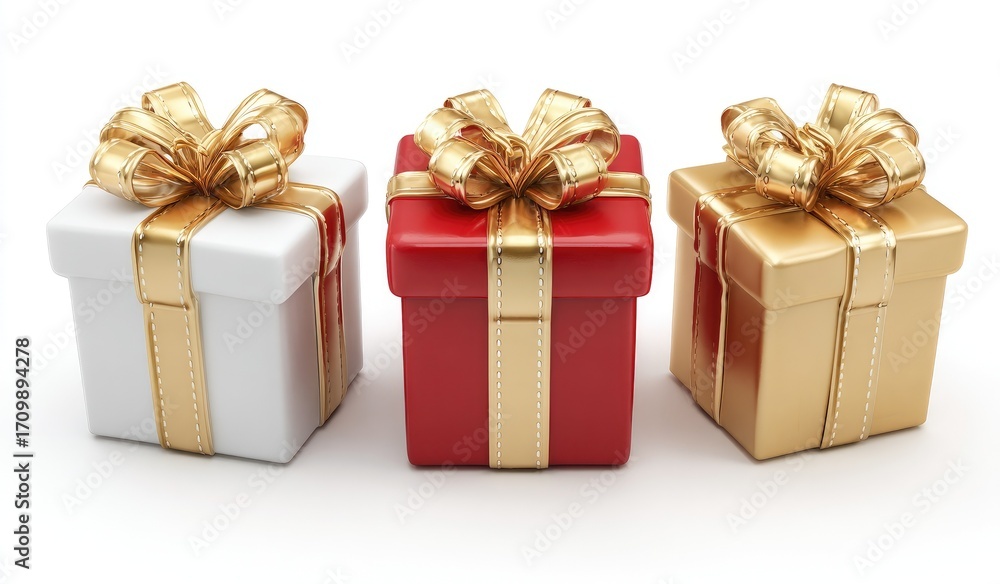 Obraz premium Three gift boxes, white, red, and gold, arranged in a row against a plain white background. Each box features a gold ribbon and bow
